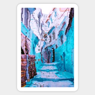 Morocco Blue and White Alley Glitch Art Sticker
